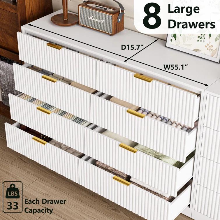 Fluted Dresser For Bedroom With 8 Drawers, 55" Wide Modern Chest Of Drawers With Metal Handle