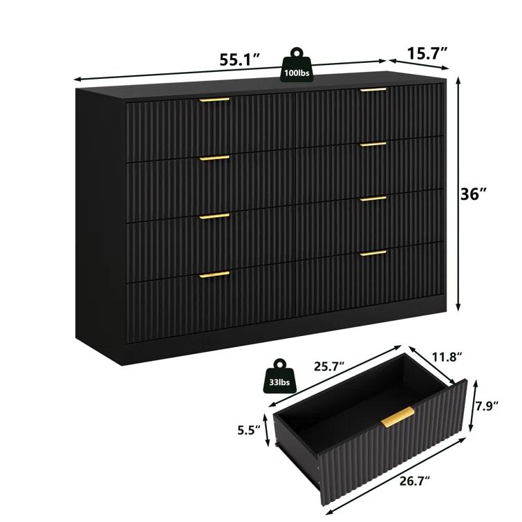 Fluted Dresser For Bedroom With 8 Drawers, 55" Wide Modern Chest Of Drawers With Metal Handle