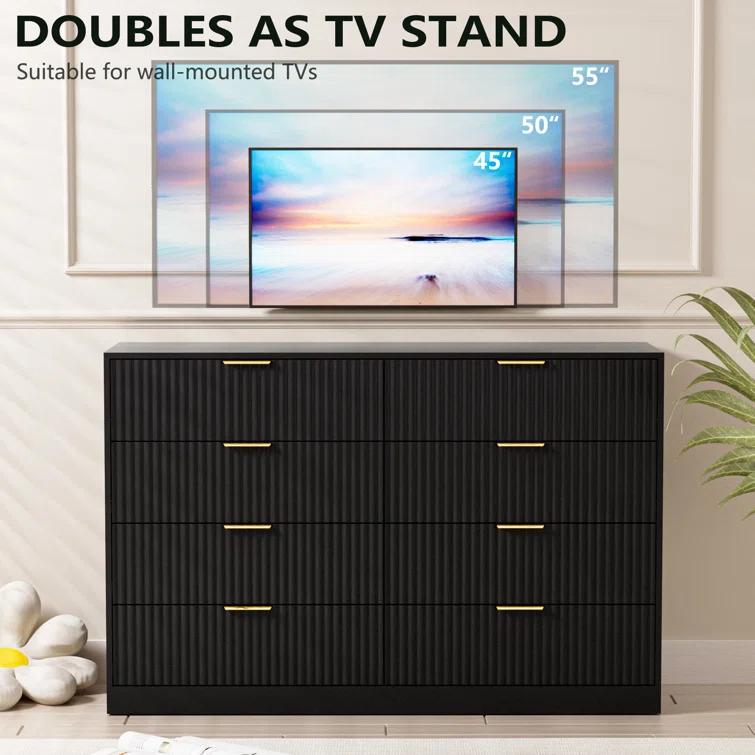 Fluted Dresser For Bedroom With 8 Drawers, 55" Wide Modern Chest Of Drawers With Metal Handle