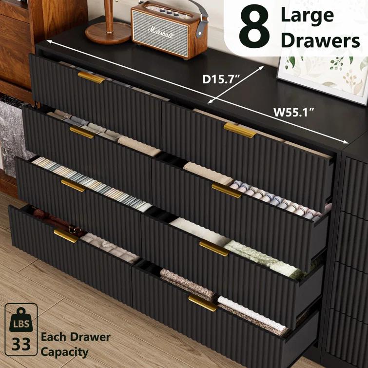 Fluted Dresser For Bedroom With 8 Drawers, 55" Wide Modern Chest Of Drawers With Metal Handle
