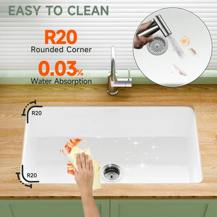 32" L x 19" W Single Bowl Fireclay Kitchen Sinks White with Bottom Grids and Basket Strainer