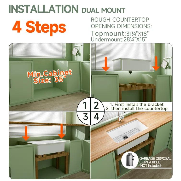32" L x 19" W Single Bowl Fireclay Kitchen Sinks White with Bottom Grids and Basket Strainer