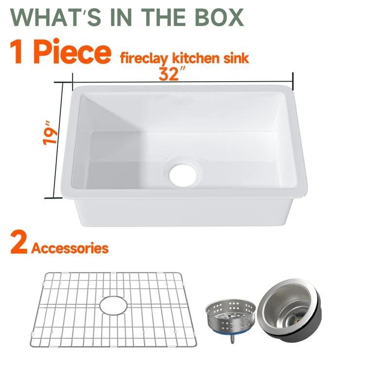 32" L x 19" W Single Bowl Fireclay Kitchen Sinks White with Bottom Grids and Basket Strainer