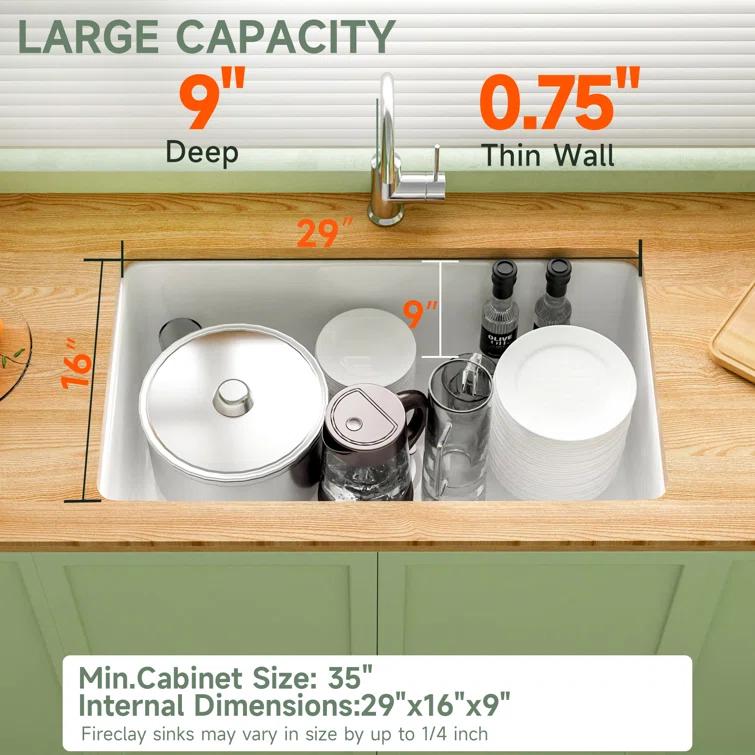 32" L x 19" W Single Bowl Fireclay Kitchen Sinks White with Bottom Grids and Basket Strainer