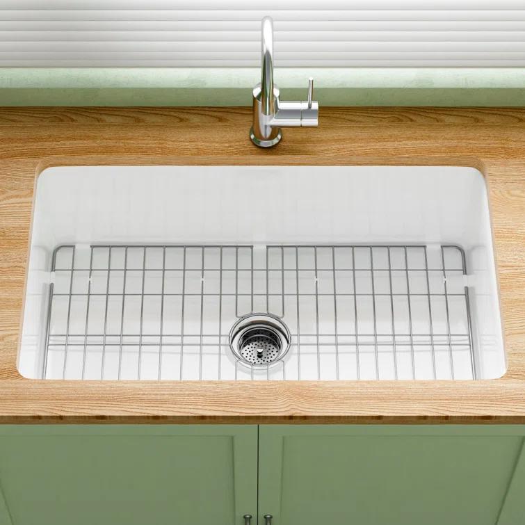 32" L x 19" W Single Bowl Fireclay Kitchen Sinks White with Bottom Grids and Basket Strainer