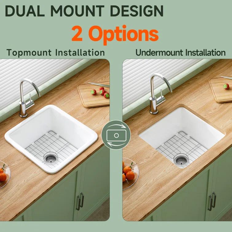 18" L x 18" W Single Bowl Fireclay Kitchen Sinks White with Bottom Grids and Basket Strainer