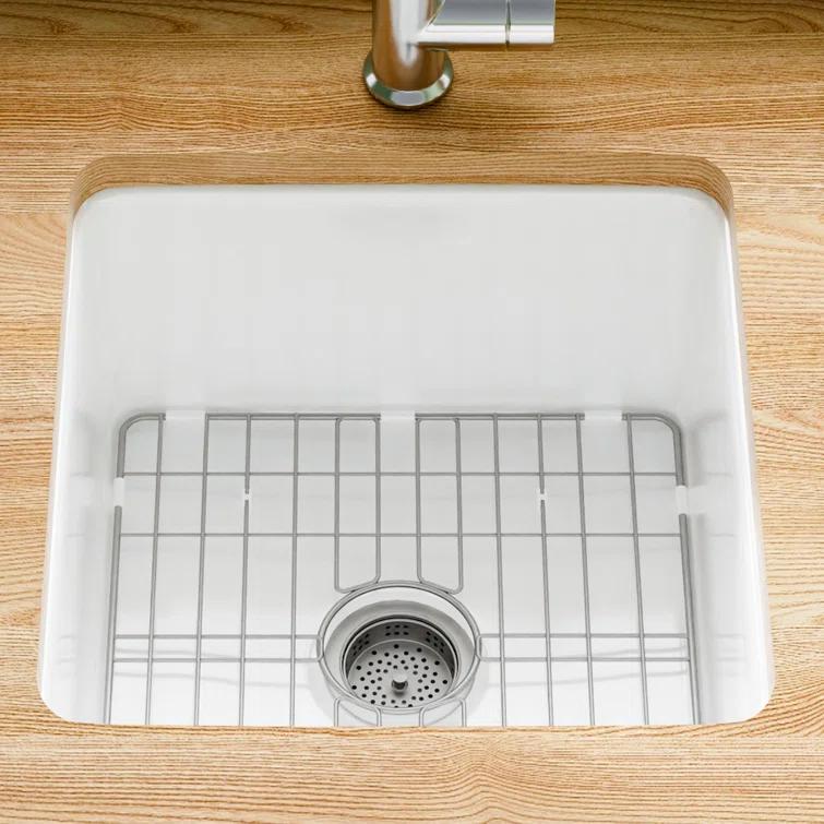18" L x 18" W Single Bowl Fireclay Kitchen Sinks White with Bottom Grids and Basket Strainer