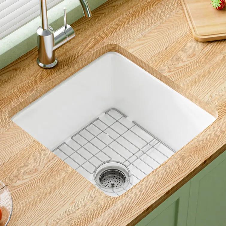 18" L x 18" W Single Bowl Fireclay Kitchen Sinks White with Bottom Grids and Basket Strainer