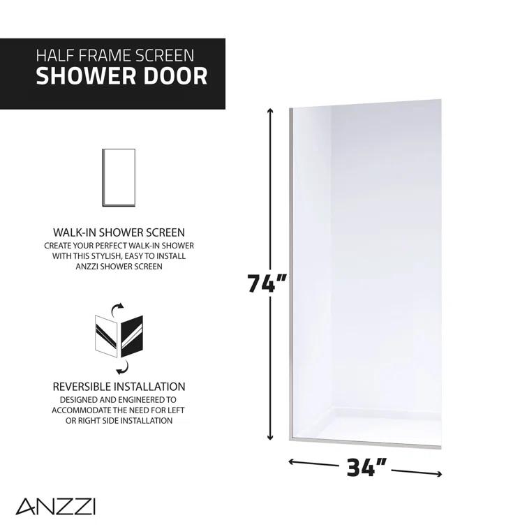 Veil Series 34” W x 74” H Frameless Glass Fixed Shower Screen Shower Door
