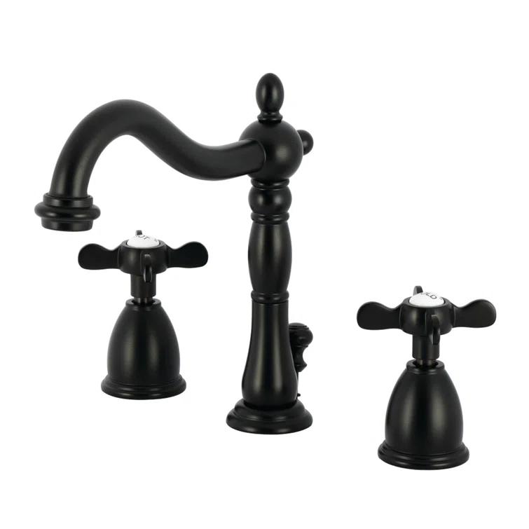 Kingston Brass Heritage Two-Handle 3-Hole Deck Mount Widespread Bathroom Faucet with Pop-Up Drain