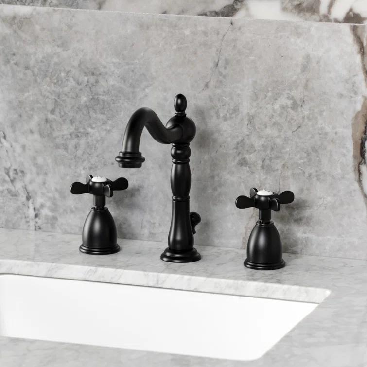 Kingston Brass Heritage Two-Handle 3-Hole Deck Mount Widespread Bathroom Faucet with Pop-Up Drain