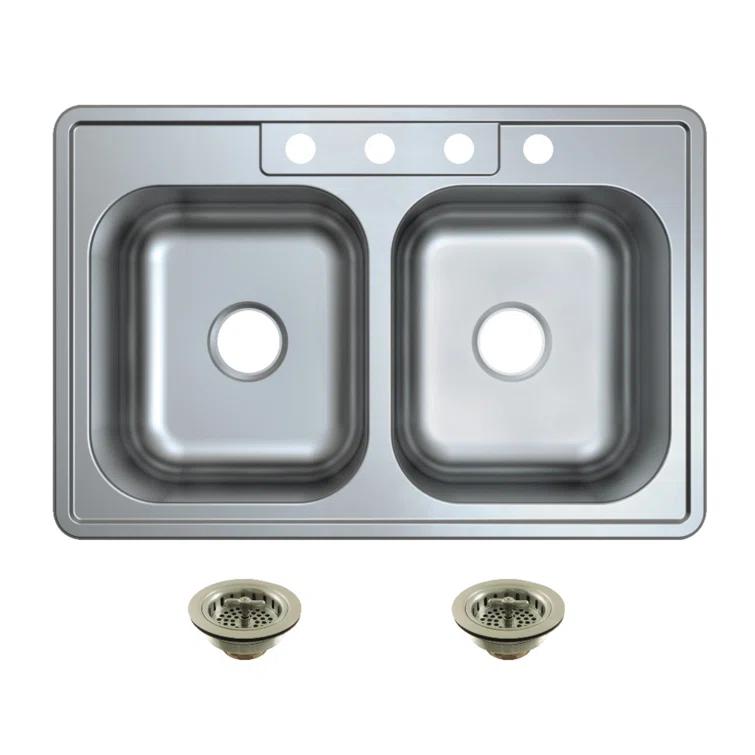 Kingston Brass Studio 33-Inch Stainless Steel Self-Rimming Double Bowl Drop-In Kitchen Sink With 4-Hole Drain And Strainer