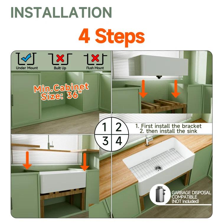 Apron Front Kitchen Sink 33" L x 18" W Single Bowl Fireclay with Bottom Grid and Basket Strainer