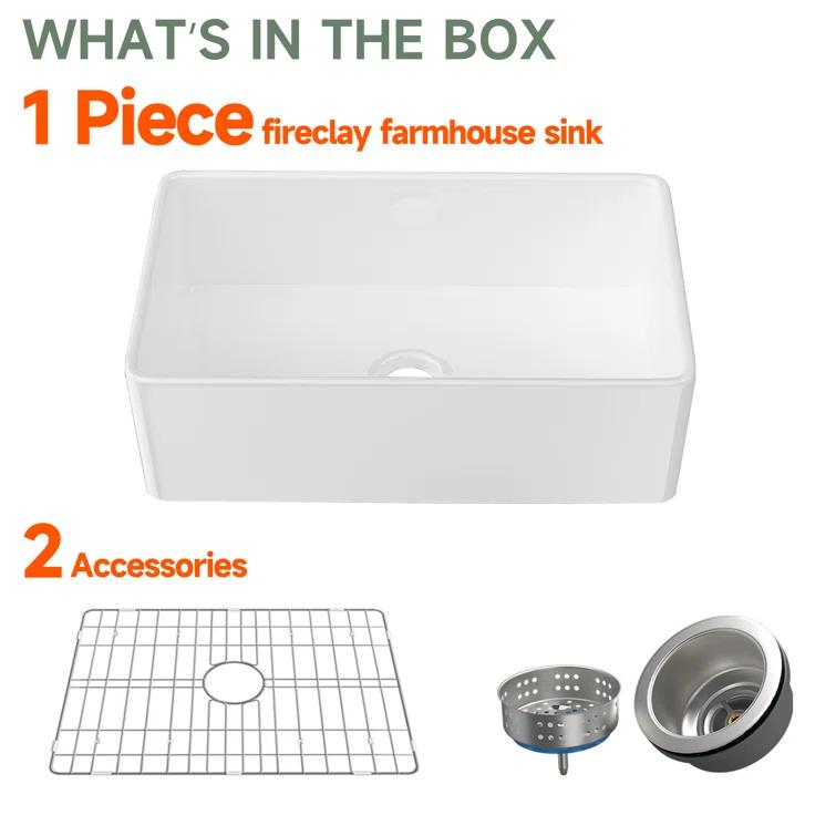 Apron Front Kitchen Sink 33" L x 18" W Single Bowl Fireclay with Bottom Grid and Basket Strainer