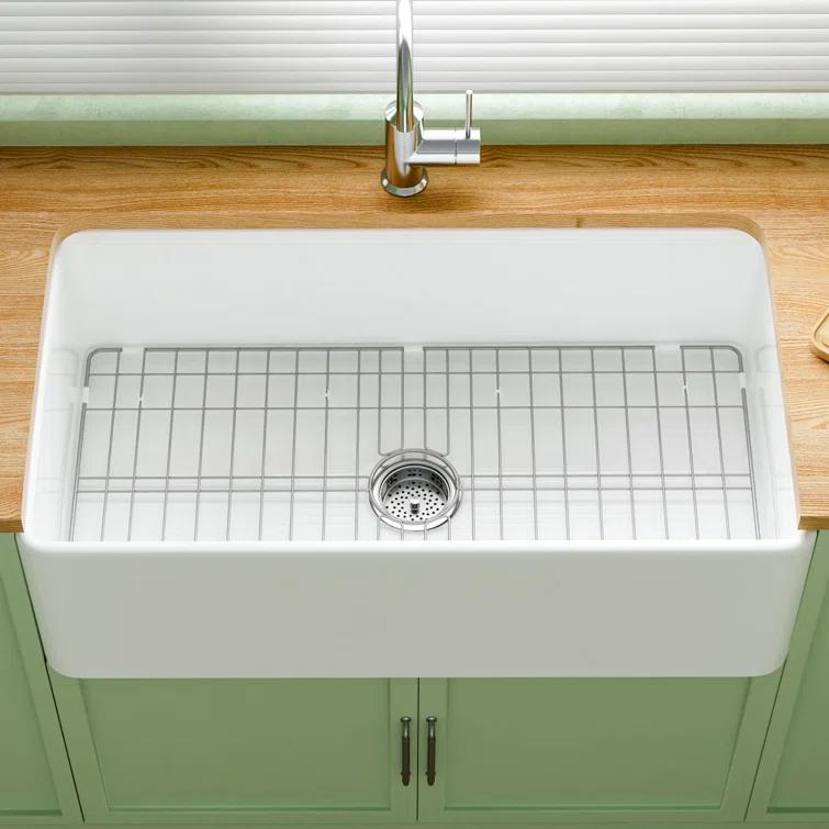 Apron Front Kitchen Sink 33" L x 18" W Single Bowl Fireclay with Bottom Grid and Basket Strainer