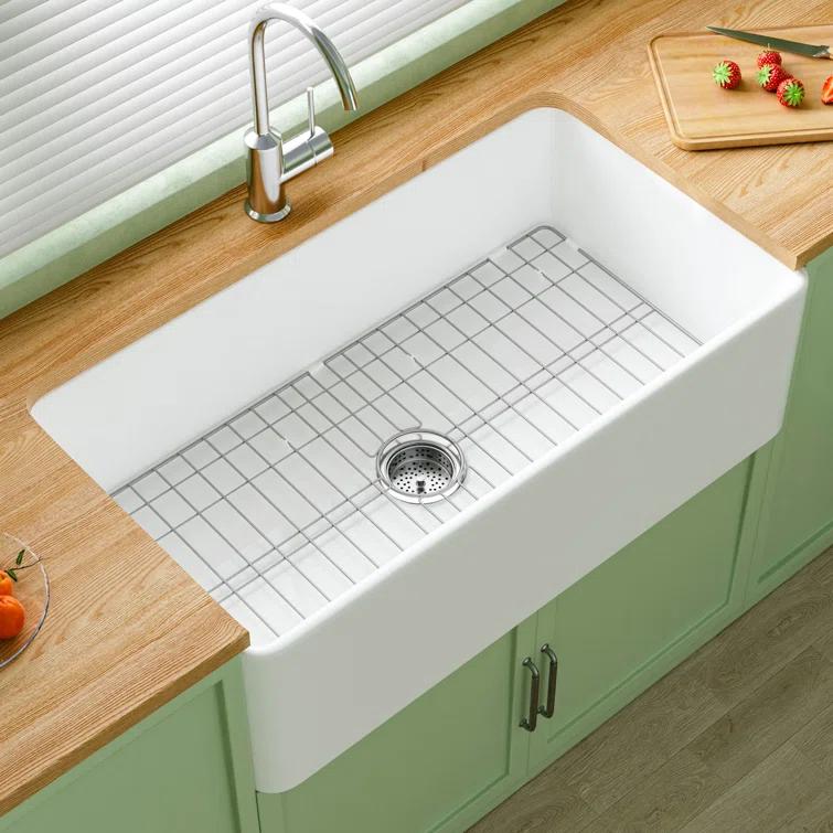 Apron Front Kitchen Sink 33" L x 18" W Single Bowl Fireclay with Bottom Grid and Basket Strainer