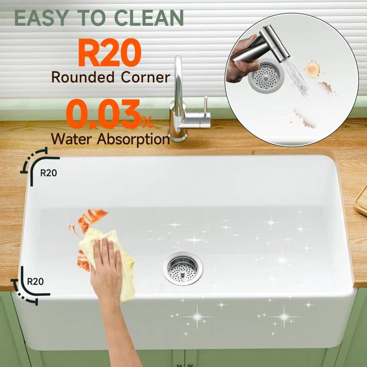 Apron Front Kitchen Sink 33" L x 18" W Single Bowl Fireclay with Bottom Grid and Basket Strainer