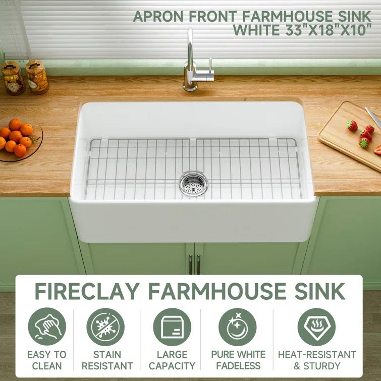 Apron Front Kitchen Sink 33" L x 18" W Single Bowl Fireclay with Bottom Grid and Basket Strainer