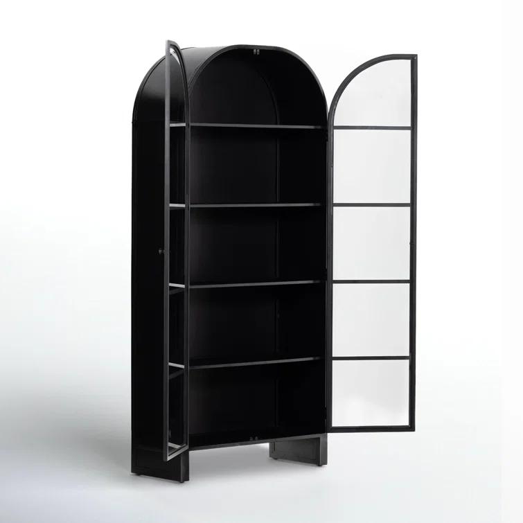 Breya Black Iron Arched Display Cabinet with Tempered Glass Doors