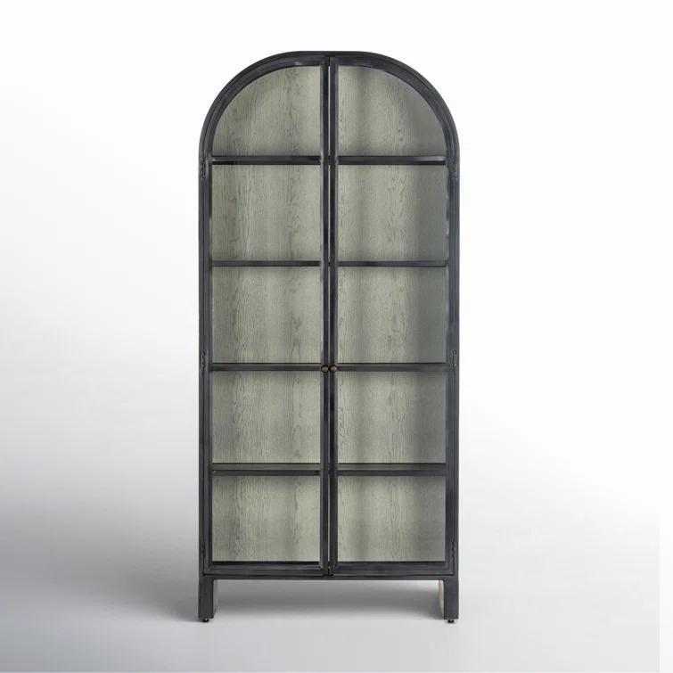 Tall Black Iron and Vintage White Oak Arched Display Cabinet