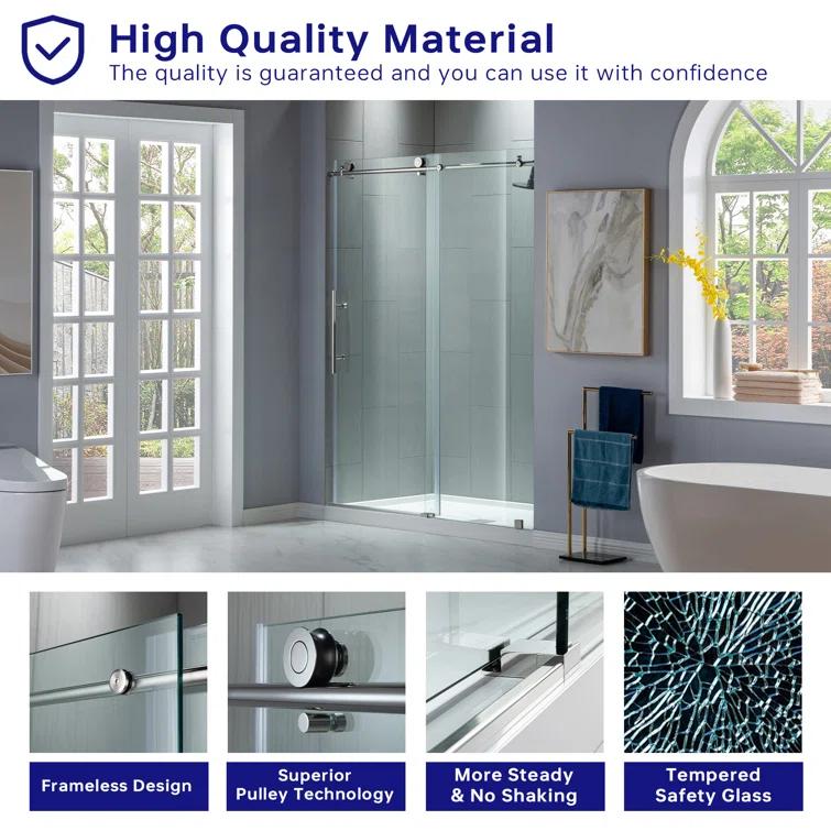 WoodBridge 56"-60" W x 76" H Single Sliding Frameless Shower Door | 3/8" (10mm) Thickened Upgrade Tempered Glass | Stainless Steel Hardware | Safe, Explosion-Resistant, Clear & Stylish, Sturdy & Durable MBSDC6076-C