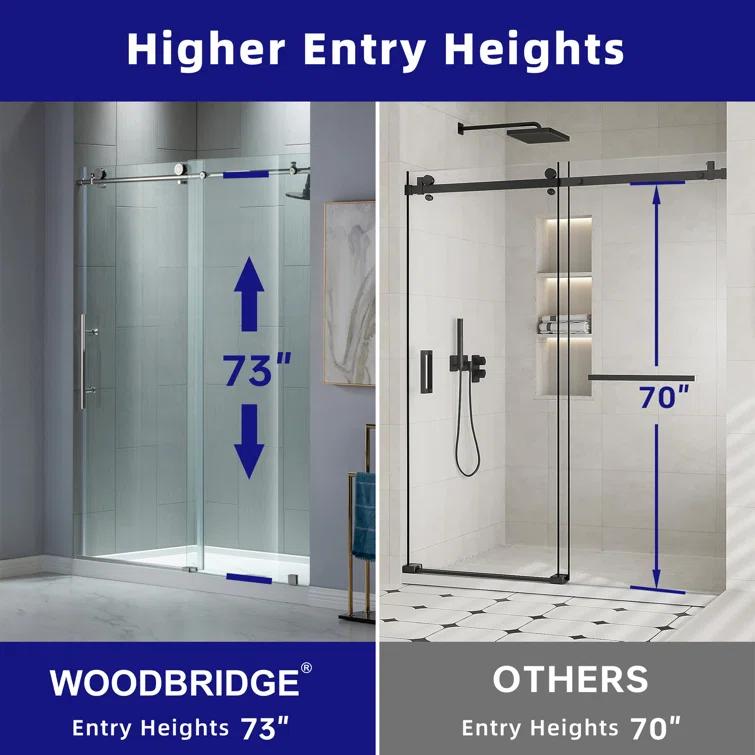 WoodBridge 56"-60" W x 76" H Single Sliding Frameless Shower Door | 3/8" (10mm) Thickened Upgrade Tempered Glass | Stainless Steel Hardware | Safe, Explosion-Resistant, Clear & Stylish, Sturdy & Durable MBSDC6076-C