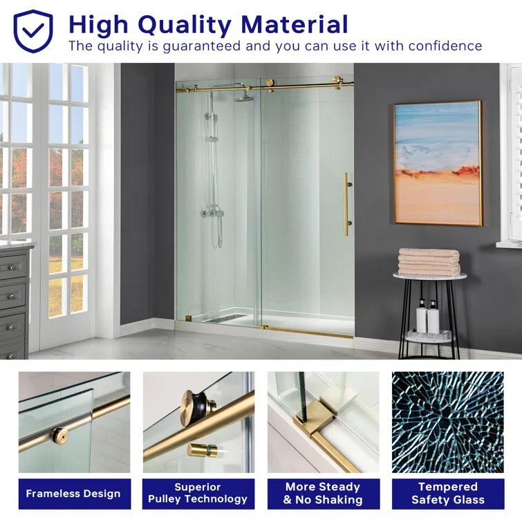 WoodBridge 56"-60" W x 76" H Single Sliding Frameless Shower Door | 3/8" (10mm) Thickened Upgrade Tempered Glass | Stainless Steel Hardware | Safe, Explosion-Resistant, Clear & Stylish, Sturdy & Durable MBSDC6076-BG