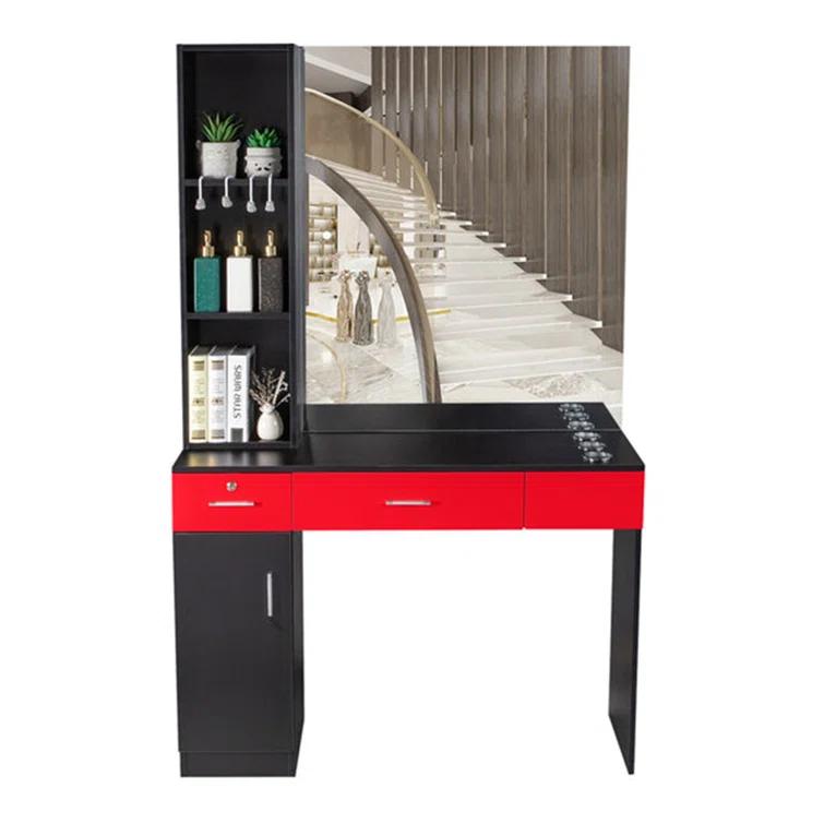 Inbox Zero Black Red Wall Mount Barber Station With 2 Drawers 1 Storage Cabinet 3 Open Shelves With Mirror