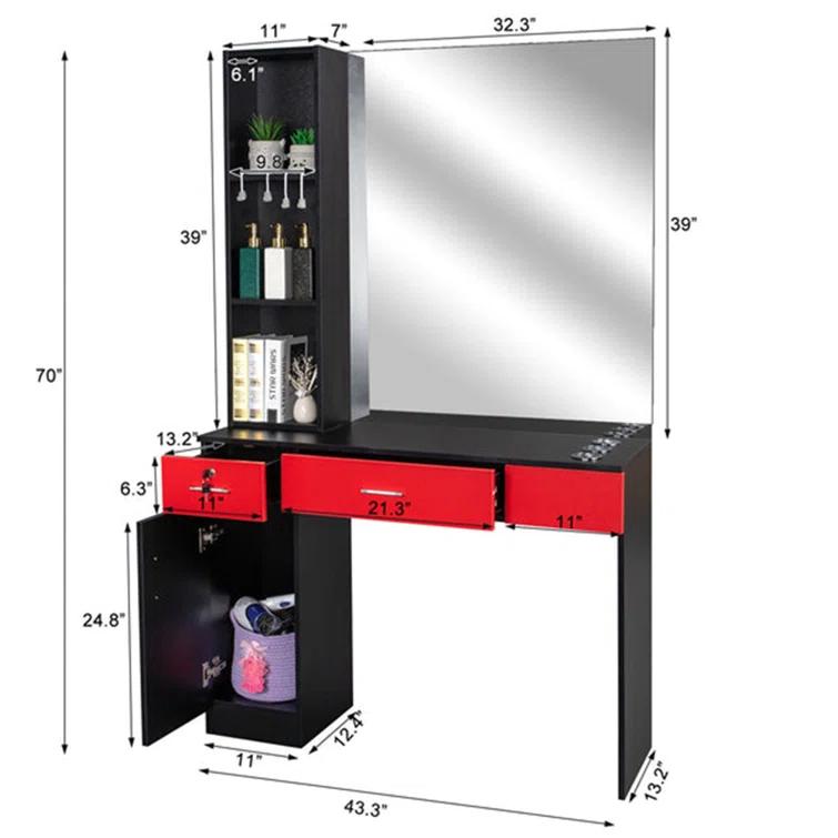 Inbox Zero Black Red Wall Mount Barber Station With 2 Drawers 1 Storage Cabinet 3 Open Shelves With Mirror