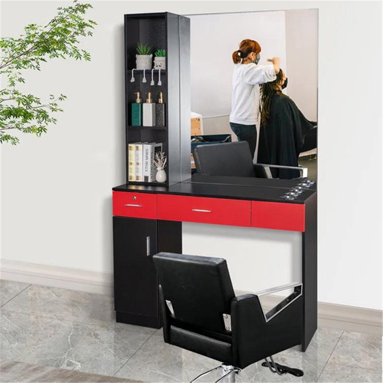 Inbox Zero Black Red Wall Mount Barber Station With 2 Drawers 1 Storage Cabinet 3 Open Shelves With Mirror