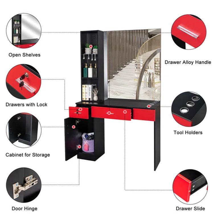 Inbox Zero Black Red Wall Mount Barber Station With 2 Drawers 1 Storage Cabinet 3 Open Shelves With Mirror