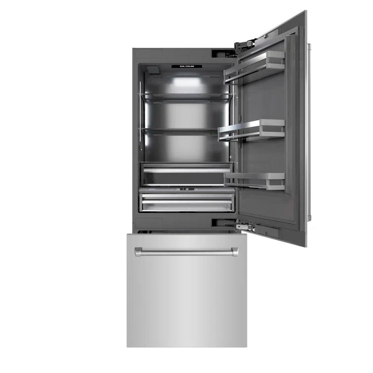 ZLINE 30 in. 16.1 cu. ft. Built-In Bottom Freezer Refrigerator with Water Dispenser and Ice Maker in Satin Stainless Steel with Graphite Gray Interior