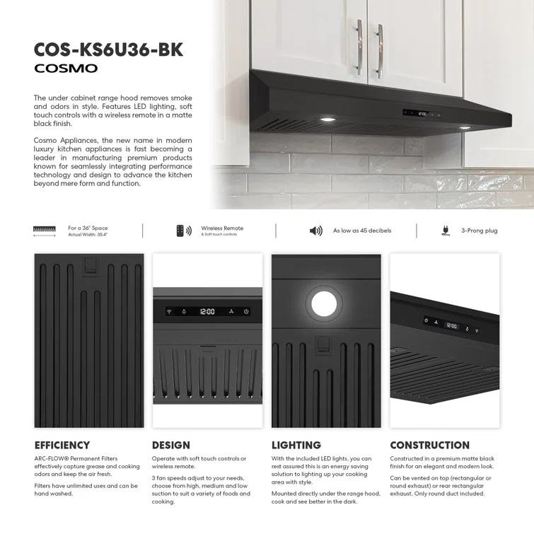 Cosmo 36 In. Haven Collection 500 Cfm Ducted Under Cabinet Range Hood, Touch Controls, Led Lights In Matte Black