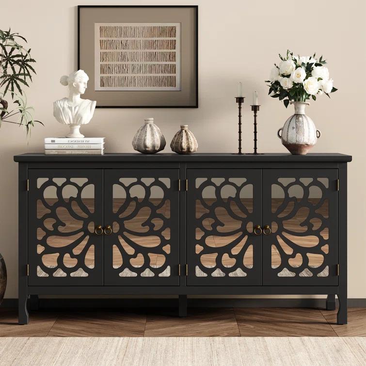 63" Carved Buffet Cabinet With Mirrored Door