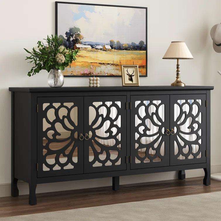 63" Carved Buffet Cabinet With Mirrored Door