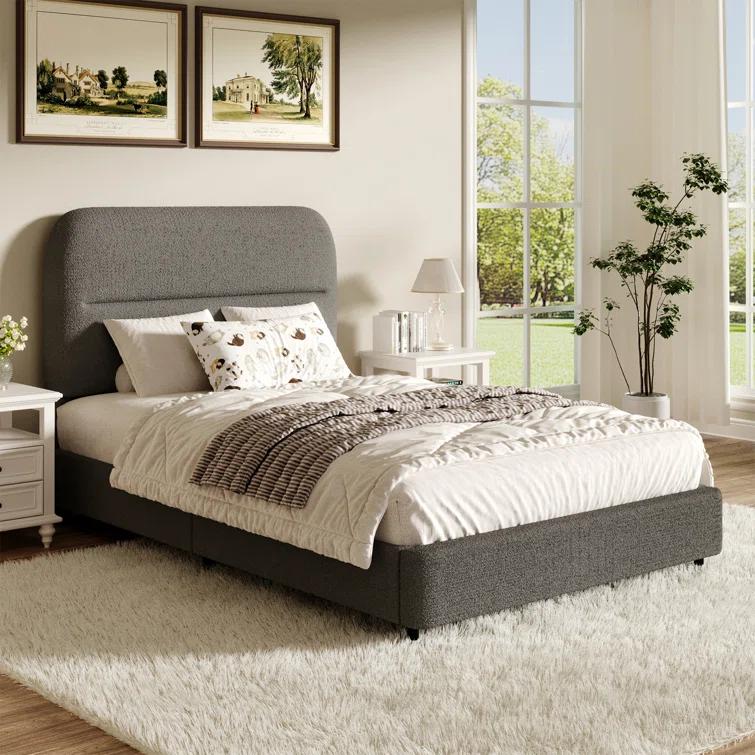 Manfred Boucle Upholstered Cloud Bed Frame with Rounded Corners Headboard, Soft Platform Bed Frame with Thickened Footboard