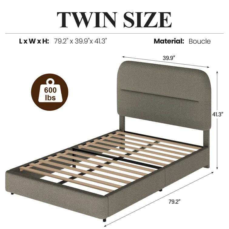 Manfred Boucle Upholstered Cloud Bed Frame with Rounded Corners Headboard, Soft Platform Bed Frame with Thickened Footboard