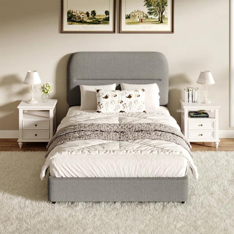 Manfred Boucle Upholstered Cloud Bed Frame with Rounded Corners Headboard, Soft Platform Bed Frame with Thickened Footboard