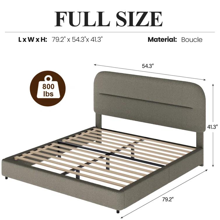 Mercer41 Manfred Boucle Upholstered Cloud Bed Frame with Rounded Corners Headboard, Soft Platform Bed Frame with Thickened Footboard