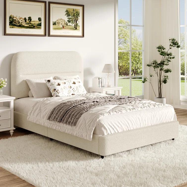 Manfred Boucle Upholstered Cloud Bed Frame with Rounded Corners Headboard, Soft Platform Bed Frame with Thickened Footboard