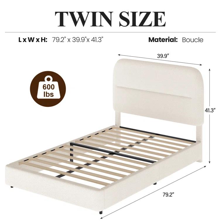 Manfred Boucle Upholstered Cloud Bed Frame with Rounded Corners Headboard, Soft Platform Bed Frame with Thickened Footboard