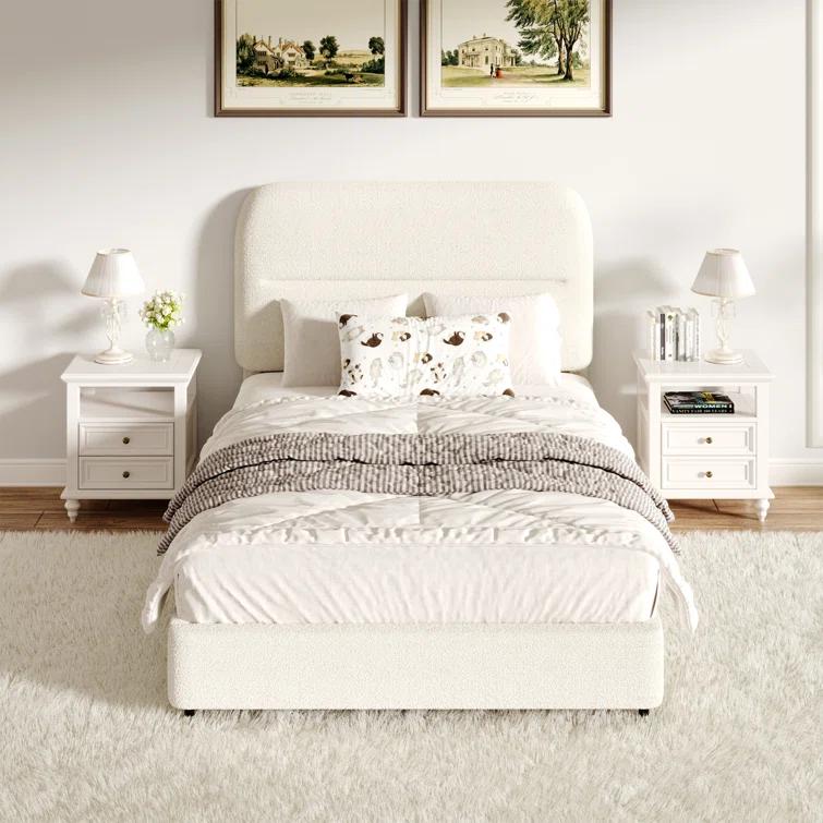 Manfred Boucle Upholstered Cloud Bed Frame with Rounded Corners Headboard, Soft Platform Bed Frame with Thickened Footboard