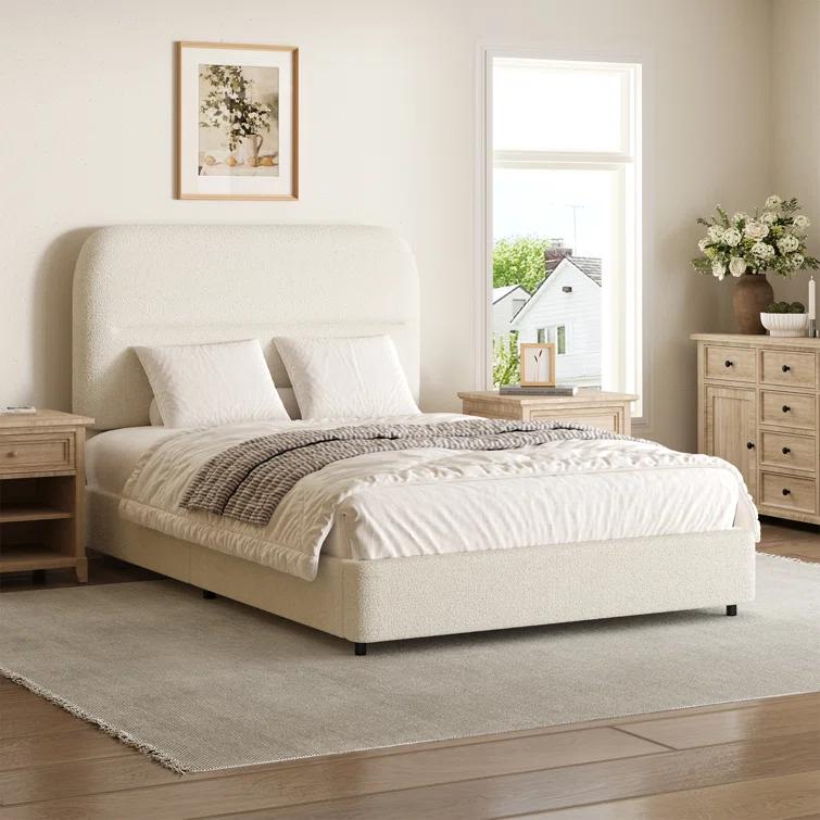 Manfred Boucle Upholstered Cloud Bed Frame with Rounded Corners Headboard, Soft Platform Bed Frame with Thickened Footboard