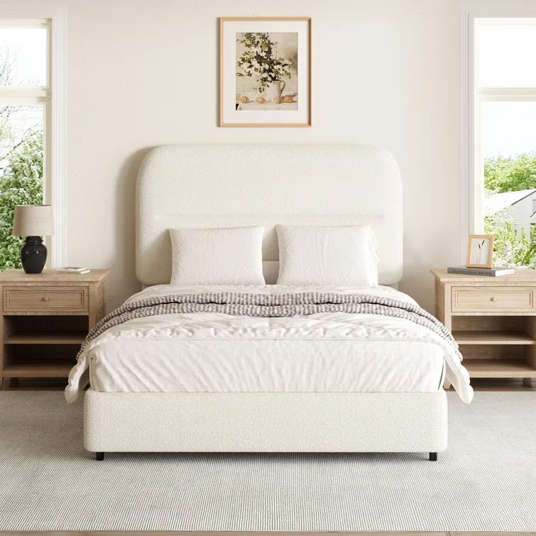 Manfred Boucle Upholstered Cloud Bed Frame with Rounded Corners Headboard, Soft Platform Bed Frame with Thickened Footboard