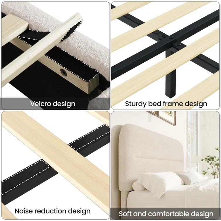 Manfred Boucle Upholstered Cloud Bed Frame with Rounded Corners Headboard, Soft Platform Bed Frame with Thickened Footboard
