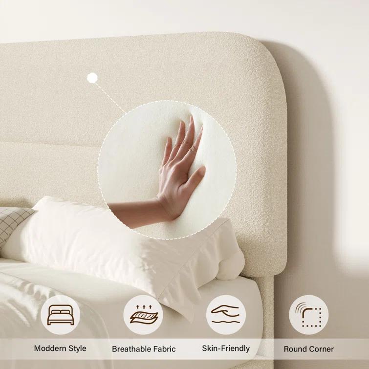 Manfred Boucle Upholstered Cloud Bed Frame with Rounded Corners Headboard, Soft Platform Bed Frame with Thickened Footboard