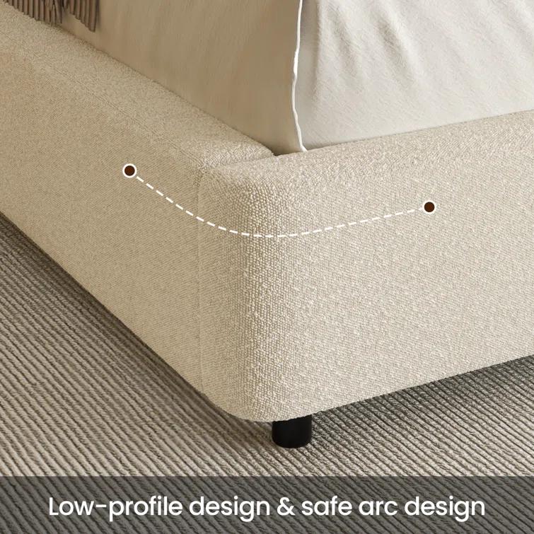 Manfred Boucle Upholstered Cloud Bed Frame with Rounded Corners Headboard, Soft Platform Bed Frame with Thickened Footboard