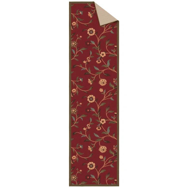 Ottohome Non-Slip Floral Leaves Area Rug For Living Room, Hallway, Entryway Rug, Dark Red