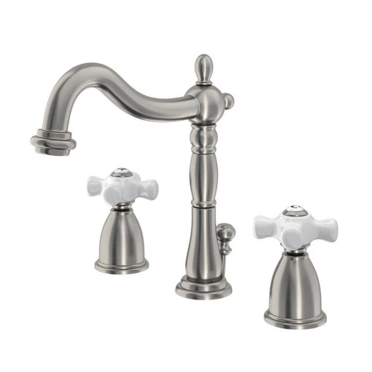 Kingston Brass Heritage Two-Handle 3-Hole Deck Mount Widespread Bathroom Faucet with Pop-Up Drain