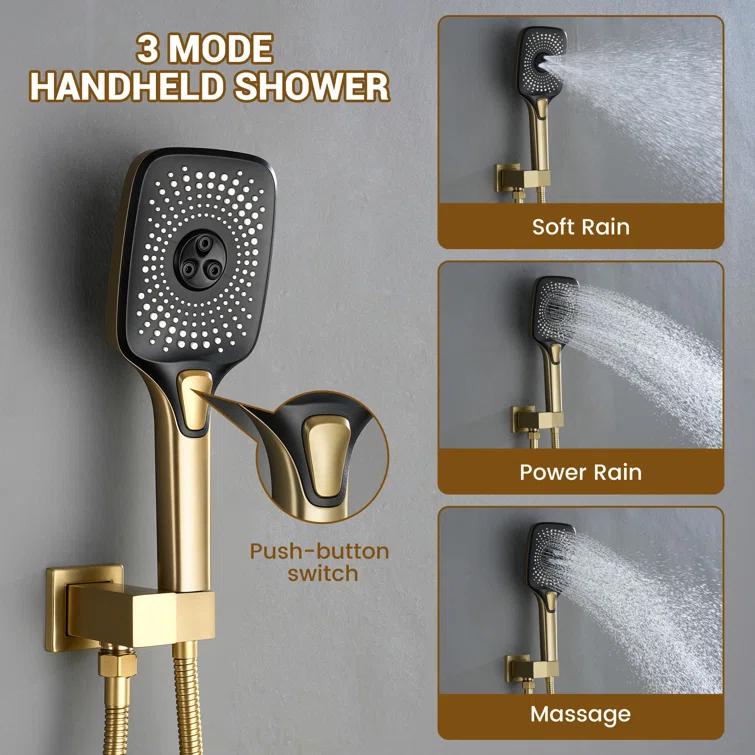 Ancoats 16" Wall Mounted Thermostatic Complete Shower System with 3-Function Handheld Spray and 3 Body Jets